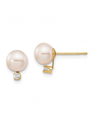 14k 6-7mm White Round Freshwater Cultured Pearl .06ct Diamond Post Earrings sélection de produits