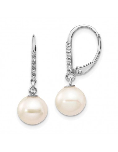 14k White Gold 8-9mm Round FWC Pearl .05ct Diamond Leverback Earrings online