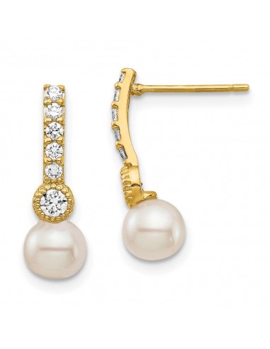 14K 6mm White Semi-round Freshwater Cultured Pearl CZ Post Drop Earrings 50% de réduction en Octobre 2024