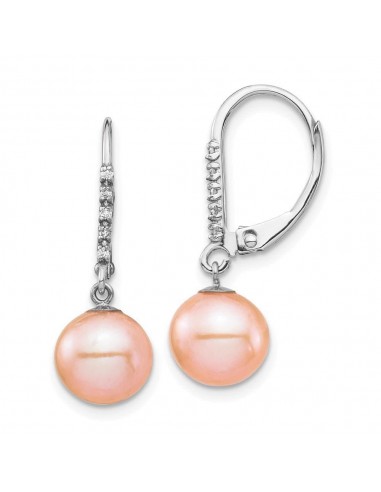 14k White Gold 8-9mm Pink FWC Pearl .05ct Diamond Leverback Earrings acheter