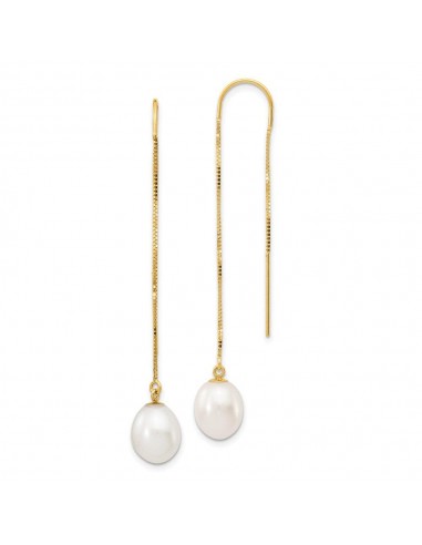 14k 7-8mm White Rice FW Cultured Pearl Box Chain Threader Earrings Fin de série