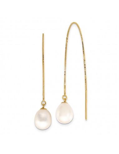 14k 7-8mm White Teardrop FW Cultured Pearl Box Chain Threader Earrings les ctes