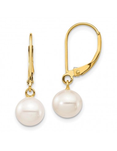 14K 7-8mm White Round Freshwater Cultured Pearl Leverback Earrings en stock