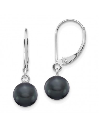 14K White Gold 7-7.5mm Black Round FWC Pearl Leverback Earrings Les êtres humains sont 