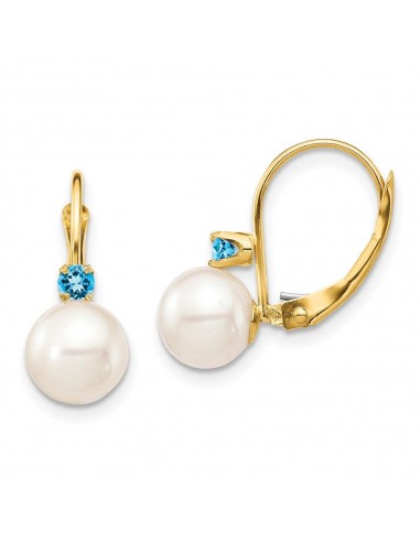 14K 7-7.5mm White Round FWC Pearl Swiss Blue Topaz Leverback Earrings français