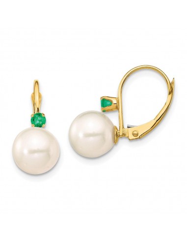 14K 8-8.5mm White Round FWC Pearl Emerald Leverback Earrings en stock