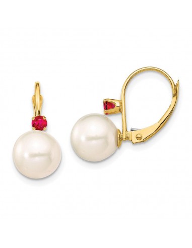 14K 8-8.5mm White Round FWC Pearl Ruby Leverback Earrings français