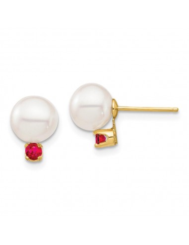 14K 7-7.5mm White Round Freshwater Cultured Pearl Ruby Post Earrings rembourrage situé sous