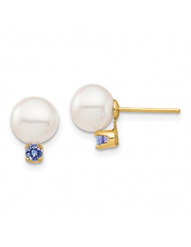 14K 7-7.5mm White Round Freshwater Cultured Pearl Tanzanite Post Earrings de la marque