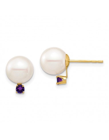 14K 8-8.5mm White Round Freshwater Cultured Pearl Amethyst Post Earrings les ctes