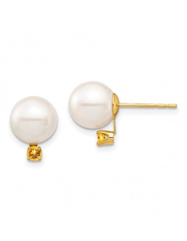 14K 8-8.5mm White Round Freshwater Cultured Pearl Citrine Post Earrings outlet