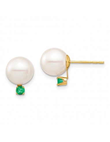 14K 8-8.5mm White Round Freshwater Cultured Pearl Emerald Post Earrings Pour