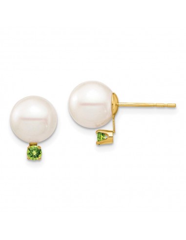 14K 8-8.5mm White Round Freshwater Cultured Pearl Peridot Post Earrings 2023