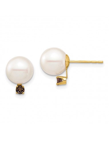 14K 8-8.5mm White Round Freshwater Cultured Pearl Smoky Quartz Post Earring de pas cher