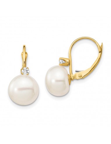 14K 10-11mm White Button FWC Pearl .10ct Diamond Leverback Earrings en linge