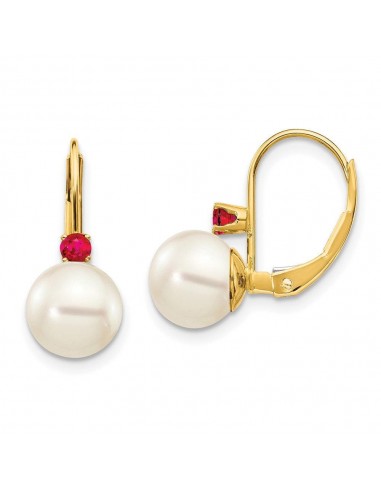 14k 7-7.5mm White Round FW Cultured Pearl Ruby Leverback Earrings 2024