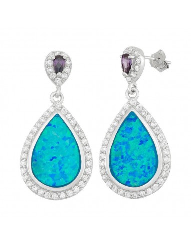 Sterling Silver Tear Shaped Opal with CZs Earrings prix