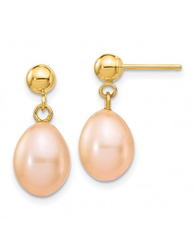 14k 7-8mm Pink Rice Freshwater Cultured Pearl Dangle Post Earrings livraison gratuite