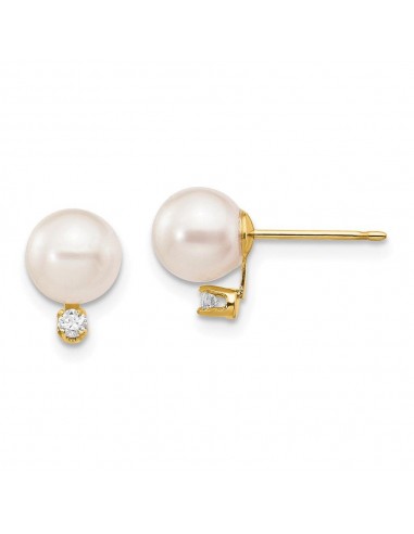 14k 6-7mm White Round Saltwater Akoya Cultured Pearl Diamond Post Earrings de l' environnement