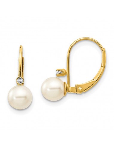 14k 5-6mm White Round FW Cultured Pearl AA Diamond Leverback Earrings la livraison gratuite