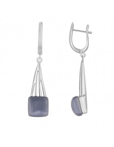 Sterling Silver Long Dark Blue and Grey Cat's Eye Earrings les ctes