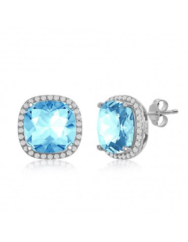 Sterling Silver CZ and 10mm Cushion Square Aqua Swarovski Element Earrings 2024