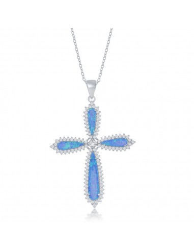 Sterling Silver Blue Opal CZ Border Large Cross Pendant rembourrage situé sous