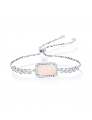 Sterling Silver Rectangle White Opal with CZ Border Bezel-Set CZ Adjustable Bolo Bracelet paiement sécurisé