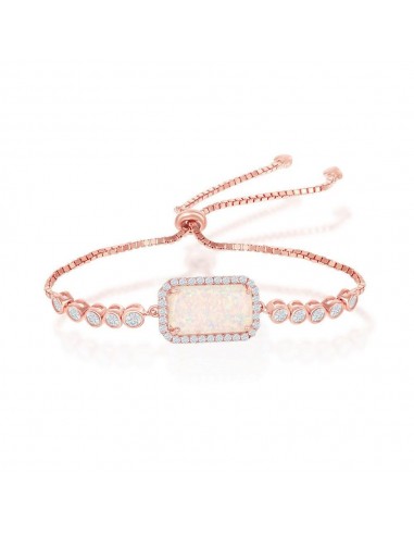 Sterling Silver Rectangle White Opal with CZ Border Adjustable Bolo Bracelet - Rose Gold Plated offre 