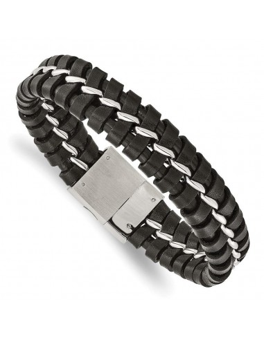 Stainless Steel Black Leather Brushed and Polished Bracelet Comparez et commandez 