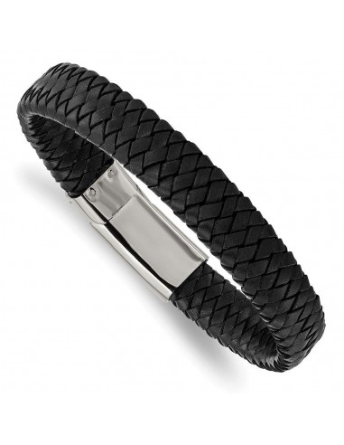 Stainless Steel Polished Black Woven Leather Bracelet JUSQU'A -70%! 