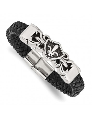 Stainless Steel Antiqued & Polished Fleur de Lis Black Leather Bracelet 50% de réduction en Octobre 2024