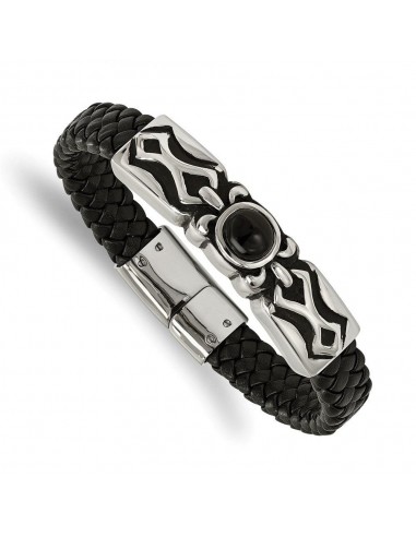 Stainless Steel Antiqued & Polished w/ Blk Onyx Leather Bracelet En savoir plus