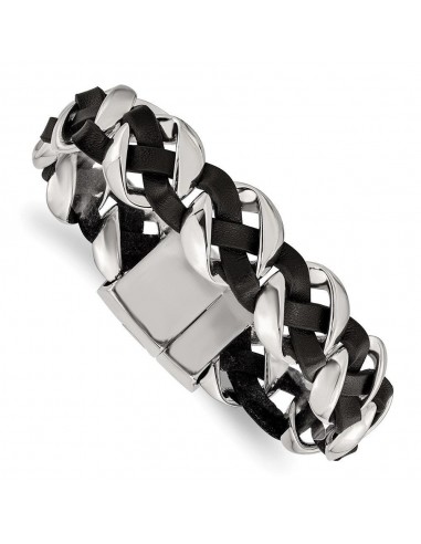 Stainless Steel Polished Leather Braided Bracelet français