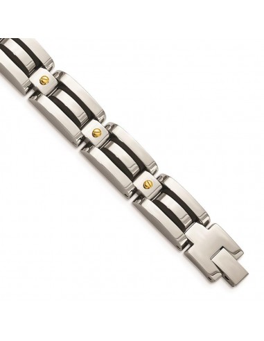 Stainless Steel Polished Yellow IP w/Black Polyurethane 8.25in Bracelet pas cheres