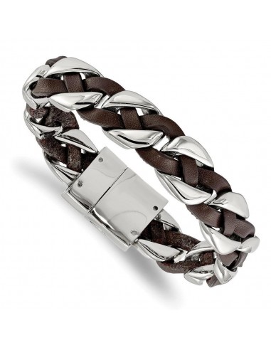 Stainless Steel Polished with Brown Leather Braided 8.5in Bracelet les muscles