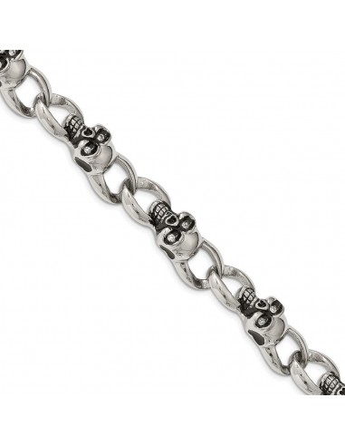 Stainless Steel Polished and Oxidized w/ CZ Skulls 9in. Bracelet le des métaux précieux