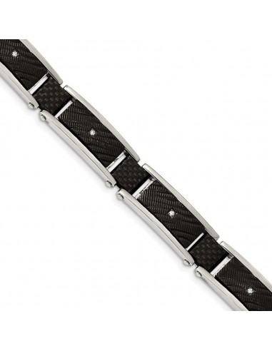 Stainless Steel Polished Blk IP w/CZ and Black Carbon Fiber 8.75in Bracelet Comparez et commandez 