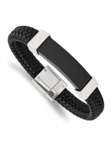 Stainless Steel Polished Black IP-plated with Black Leather 8.5in Bracelet s'inspire de l'anatomie humaine