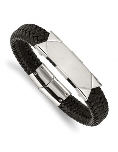 Stainless Steel Brushed and Polished Black Leather 8.5in ID Bracelet offre 