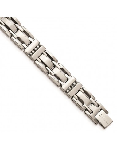 Stainless Steel Brushed and Polished Black CZ Link Bracelet Véritable concentré