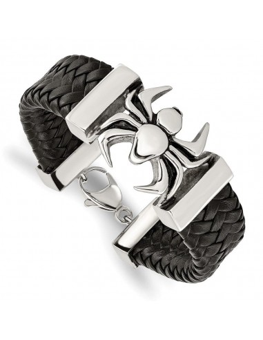 Stainless Steel Polished Antiqued Blk Leather Spider Bracelet est présent 