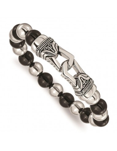 Stainless Steel Polished Antiqued Black Agate Stretch Bracelet livraison gratuite