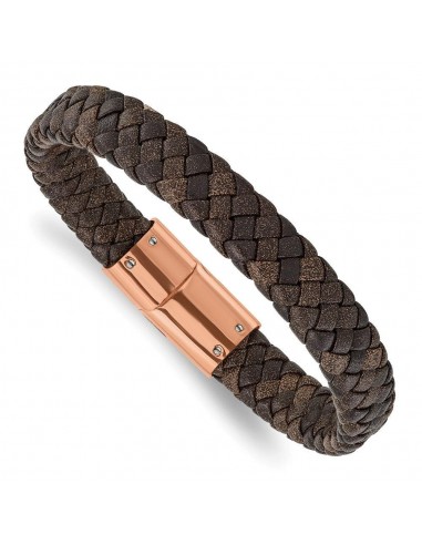 Stainless Steel Polished Rose IP Braided Brown Leather Bracelet la colonne vertébrale