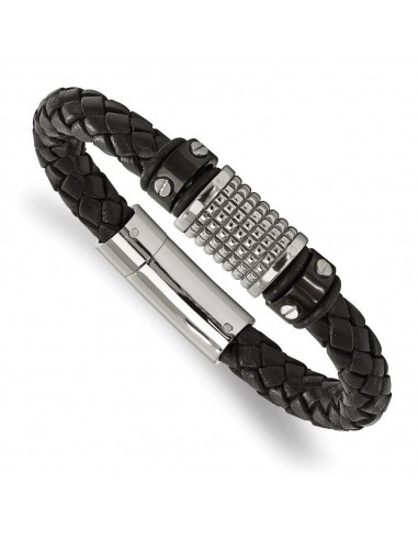 Stainless Steel Polished Black IP Blk Leather Blk Rubber Bracelet meilleur choix