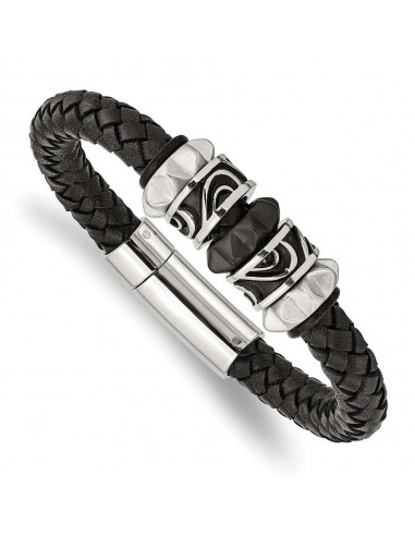 Stainless Steel Brushed/Polished Antiqued Blk IP Blk Leather Bracelet sélection de produits