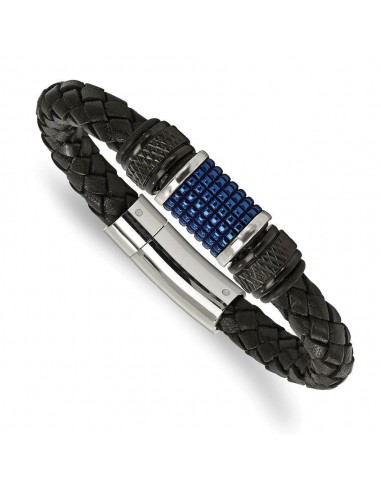 Stainless Steel Polished Blk & Blue IP Blk Rubber Blk Leather Bracelet pour bénéficier 