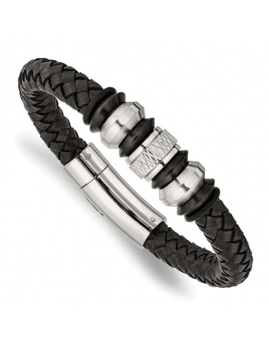 Stainless Steel Brushed/Polished Blk Leather Blk IP Blk Rubber Bracelet de l' environnement