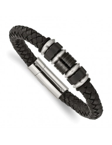 Stainless Steel Brushed/Polished Blk Leather Blk IP Blk Rubber Bracelet Jusqu'à 80% De Réduction