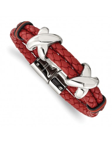 Stainless Steel Polished Red Leather and Rubber Bracelet solde